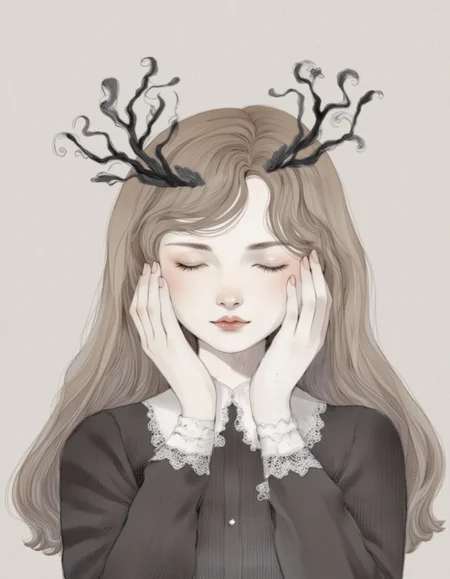<lora:choffi:1>This image is a digital drawing in a delicate, soft pastel style, featuring a young woman with fair skin and long, light brown hair adorned with a black, intricately designed headpiece that resembles a crown. The headpiece is embellished with small, black, curling tendrils and features white lace-like details. The woman's eyes are closed, giving her a serene and contemplative expression. She has a gentle, almost delicate facial structure, with high cheekbones and a small, slightly upturned nose. Her lips are painted a muted, natural shade, and her eyebrows are thin and arched. She wears a long-sleeved black dress with white lace cuffs, which adds to the ethereal, vintage aesthetic of the artwork. Her hands are placed gently on either side of her face, with her fingers lightly touching her cheeks, suggesting a moment of introspection or reflection. The background is a muted, light gray color with a subtle, textured pattern, which complements the softness of the subject without detracting from her. The overall mood of the image is calm and introspective, with a touch of elegance and mystery.