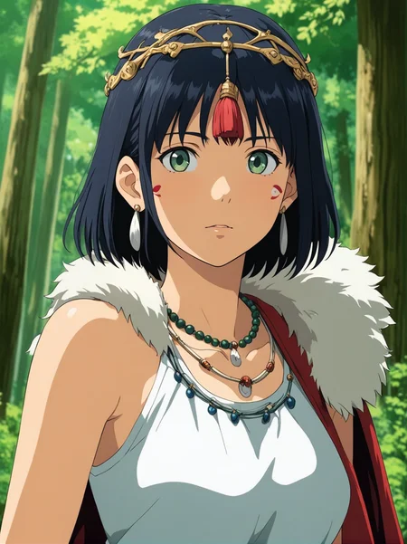 anime screencap from studio ghibli , san \(mononoke hime\), 1girl, armlet, bangs, black hair, black undershirt, breasts, cape, circlet, earrings, facepaint, floating hair, forest, fur cape, green eyes, jewelry, looking at viewer, medium breasts, nature, necklace, outdoors, parted bangs, shirt, short hair, sleeveless, sleeveless shirt, solo, tooth necklace, tree, upper body, white shirt , ((masterpiece))