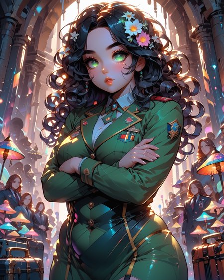 PonyScores7, source_anime, ah1, BREAK 1girl, (curly hair), (long hair:1.3), (black hair:1.3), mature female, (parted hair:1.7), (round face:1.2), (fringe:-0.5), (bangs:-0.5), (hair between eyes:-0.5),  (thick eyebrows), (curvy), round-chin, (greenish hazel eyes), caucasian, (downturned eyes:1.4), (plump face), <lora:ETO_OCPonyXL:0.5> eto_oc, skindentation, (plump), thick thighs, wide hips, busty, voluptuous, kinky curls, lips, <lora:venus body PonyXL:0.4>,  (Optimistic), (Arms crossed over the chest, perfect fingers, perfect hands), (a cursed cave with glowing fungi, hidden traps, a sense of impending doom), looking at viewer, (bird flower bellhop, dressed in a uniform with a luggage cart and a hotel room key in hand), BREAK <lora:xl_more_art-full_v1:0.2>, <lora:shinyskin2:0.2> glistening skin, <lora:aesthetic_anime_v1s:0.2>, <lora:Expressive_H:0.2> Expressiveh, <lora:hairdetailpxl:0.2> hairdetailpxl, <lora:EpicF4nta5yXL:0.2>, <lora:detailxl:0.2> detailxl, <lora:Fant5yP0ny:0.2>, best quality, amazing quality, best aesthetic, absurdres, <lora:expressive eyes:0.2> expressive eyes, <lora:eyedetailpxl:0.2> eyedetailpxl, illustration, Volumetric_Lighting, ultra-detailed, very aesthetic, intricate details, 8k, masterpiece, best_quality, BREAK (Low angle view Extreme Close shot (focus on legs)), BREAK <lora:Eyes_High_Definition:0.3> EyesHD, Stable_Yogis_PDXL_Positives, AS-Adult, <lora:Complicated fantasy portrait - XL Pony V2.0:0.4>, bad-hands-5,
