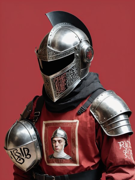 a professional portrait of a medieval knight with calligraphy helmet, looking beyond camera, wearing modern streetwear hypebeast clothing, fashion, crossbody bag, medium shot, in the style of streetwear, neo-plasticist, photo-realistic, made of all the above, 30mm lens, solid red background  , <lora:SDHK-XL:1>