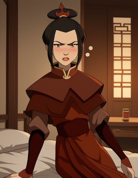 score_9, score_8_up, score_7_up, source_anime, <lora:azula-book2-ponyxl-lora-nochekaiser:1>, azula, black hair, brown eyes, topknot, sidelocks, hair bun, single hair bun, chinese clothes, capelet, sash, long sleeves, elbow gloves, , indoors, bed, bed room, on side, blush, drunk, looking at viewer, solo, cowboy shot, dutch angle