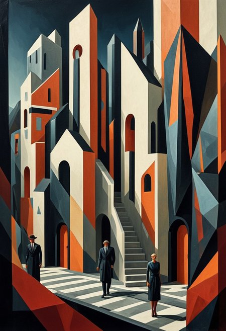rp_slgd, A small town in a mountainous landscape, where geometric, art deco-inspired buildings contrast against highly detailed figures going about their daily lives, their faces full of quiet emotion.
dynamic elongated figures infused with bold geometric abstraction, rhythmic motion blending with structured Bauhaus-inspired design, expressive painterly textures merging into sharp angular forms, deep warm color palettes with graphic high-contrast highlights, theatrical surreal lighting and layered depth