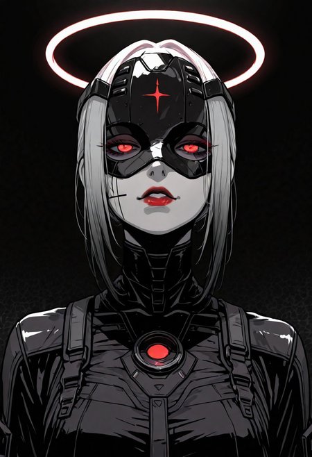 masterpiece, best quality,high quality, newest, highres,absurdres, androgynous figure against a solid black background. The subject is adorned in a futuristic, geometric costume with bold color combinations. The costume is primarily composed of horizontal black and white stripes, which create a stark contrast against the figure's pale skin. The headpiece is a large, circular shape with a gradient from red at the outer edge to white at the center, resembling a halo. The figure's face is painted in a dramatic, almost mask-like style, with a white base and striking red lips. The makeup around the red glowing eyes is heavily accentuated, giving a bold, almost exaggerated appearance. The overall aesthetic is minimalistic yet highly impactful, with a focus on clean lines and bold color contrasts. The image's lighting is carefully controlled, casting subtle shadows that accentuate the contours of the costume and the figure's features. The texture of the costume appears smooth and glossy, enhancing the futuristic and otherworldly feel of the artwork. The composition is symmetrical, with the figure centered and the headpiece extending beyond the frame, drawing the viewer's attention to the central subject. white sphere on the background, dark_theme,soft lighting