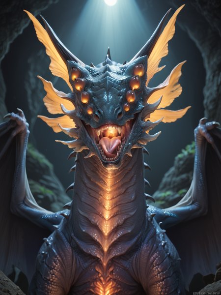 <lora:MH_XenoJiiva_a1_7_PonyXL:0.9>, score_9,score_8_up,score_7_up, nature photography, (extreme closeup, extreme portrait:1.5), head focus
xenojiiva,feral,by zackary911,by syuro,by hanuvo,solo,hi res,detailed background,cave,orange eyes,no sclera,
shiny wings,raised tail,multi eye,open mouth,standing ,frontview, eye level shot, (glowing:1.8) chest,
, bloom, subsurface scattering, sharp hyper detailed, (dark lighting:1.5), dark dramatic lighting, (shiny metallic skin:1.2), (ultra-detailed small micro scales), bright highlights, <lora:RM_Enhancer_v1.0_bf16:.1>  <lora:p:.2> <lora:Add_More_details_SD3:.5> ,