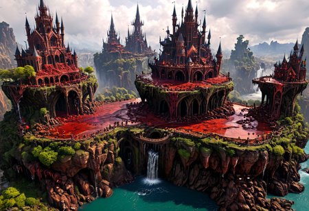 various  floating islands with ghothic medieval CITY MADE OF blood and tar with ghothic constructions, river of blood falling in waterfalls across the island to the ground ,towers, spires, zigurats, flying blood creatures,bridges linking everything , intricate, ultra detailed, photorealistic, vibrante colors, colorful, trending on artstation, 4 k, 8 k
