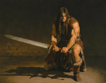 artist: sargent, painting \(medium\), highly detailed, best quality,  traditional media, very aesthetic, gradient background, realistic, 
1boy, conan the barbarian, muscular male, long hair, holding sword, two-handed sword, holding weapon, large sword,  grip, dungeon, veiny hands, shaded face, stoic, shadow, 
 <lora:John Sargent Illustrious 0.1-step00000630:0.8>