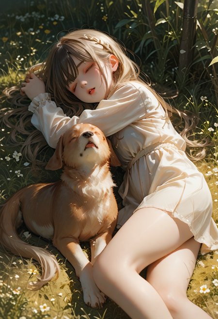 score_9, score_8_up, score_7_up, lvthn, a girl, spiked_hair, parted_lips, mole on face, sleeping, full body, sunlight, lie down on field with dog with tongue sticking out, high angle, <lora:p-skin:1> <lora:sdxl_lightning_8step_lora:1> <lora:LVTHN:1,0,0,0,0,0,0,1,0,0,0,0>