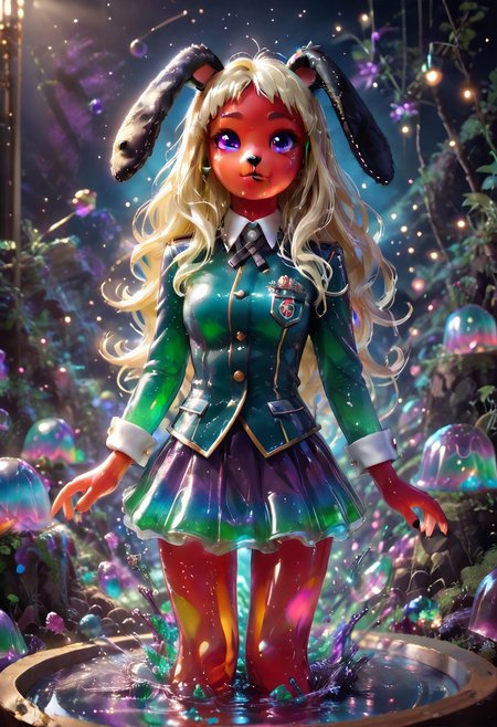 best quality, masterpiece, ultra-detailed,1 girl. jelly style, jelly girl, yomozuki runa, blonde hair, purple eyes, long hair, uniform, kigurumi, black animal ears, 
BREAK anthropomorphic , shaking legs, in heat, o-face, Sexy pose, dynamic viewing angle, cowboy shot, playful lighting,
<lora:bad_prompt_version2-neg:1> <lora:By bad artist -neg:1> <lora:Jelly_Style:1>