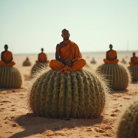 A monk sits cross-legged atop a towering cactus, his posture serene despite the sharp thorns. Around him  other monks also meditate on nearby cacti, Each monk sits on a separate cactus, cross-legged and serene, unfazed by the sharp thorns. The desert is silent, with a circle of monks meditating atop their own spiny thrones under the glaring sun.