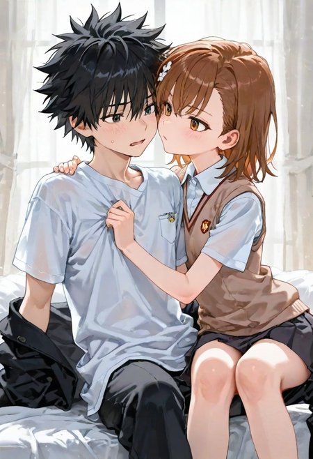 masterpiece, best quality, newest, absurdres, highres, safe,, (artist:ningen_mame:0.9),(artist:sho_(sho_lwlw):0.9),(artist:fkey:0.7),(ciloranko:0.5), 
,1boy, 1girl, kamijou touma, misaka mikoto,
,,A World Morph in which everything is made of iron.,iron