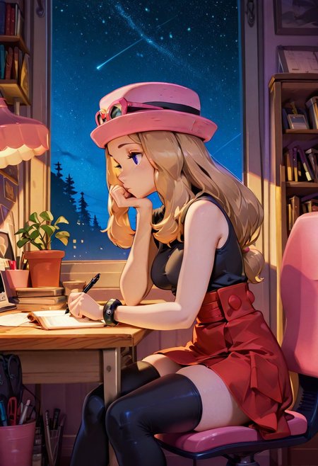 masterpiece, best quality, medium breasts, (curvy),   BREAK,  zzSerena, solo, long hair, blue eyes, eyewear on headwear, pink headwear, eyelashes, sleeveless shirt, black shirt, bracelet, high-waist skirt, red skirt, black thighhighs,,zzLofi, sitting, side view, desk, chair, book, bookshelf, head rest, holding, holding pen, lamp, night, open book, pen, plant, potted plant, sky, star (sky), starry sky, window, windowsill, writing,   ,    DisneyStudioXL,,