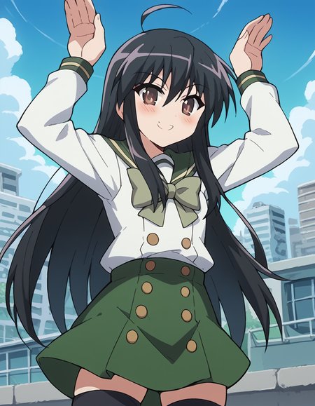 score_9, score_8_up, score_7_up, source_anime, <lora:shakugan-no-shana-s1-ponyxl-lora-nochekaiser:1>, shana, long hair, black hair, brown eyes, ahoge, sidelocks,, school uniform, serafuku, bowtie, green bowtie, white shirt, green sailor collar, long sleeves, green skirt, buttons, thighhighs,, floating city, sky, futuristic, architecture, clouds, , <lora:rabbit-pose-ponyxl-lora-nochekaiser:1>, rabbit pose, smile, blush,, looking at viewer, solo,, dutch angle, cowboy shot