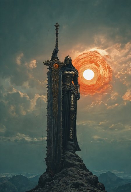 Sundawn, Landscape, towering Knight, heavy armored,Fantasy, dmsty, masterpiece, best quality, good quality, newest, highres, absurdres, solo, dark atmospheric, detailed, intricate, Orange-pink sun, Clouds, giant sword, Ethereal,