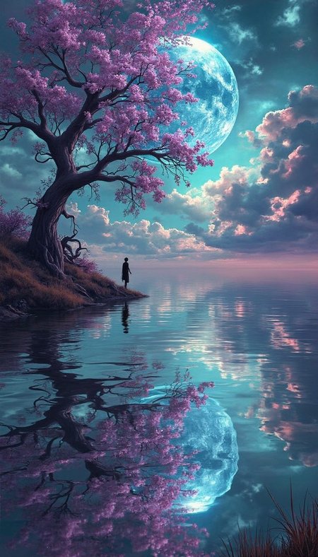 A still smooth lake reflects a vibrant, almost-otherworldly sky, painted with swirling clouds of amethyst and turquoise.  A single, ancient, gnarled willow tree leans over the water, its skeletal branches mirroring the fractured image of a split moon in the surface.  The air hums with a quiet energy, a sense of serene contemplation.  A figure, impossibly lit by an ethereal inner light, is barely visible in a subtle, almost translucent form, halfway between the real and the dreamlike.  Their face is a study in duality, both beautiful and haunting, two expressions locked in silent conversation; one serene, the other deeply introspective. The scene emanates palpable stillness, a perfect canvas for a surreal, photorealistic painting. The water's surface is incredibly smooth, acting as a perfect mirror to the skyâevery detail is razor-sharp in the reflection, the colors vibrant and vivid.
bo-abyss  <lora:boFLUX_digital-abyss:1>