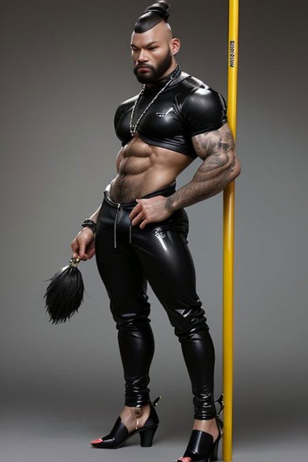 Gay Caucasian man, masculine, hairy, black colour rubber, tight tracksuit, high stiletto heels, chains,  tiny man, hold a spread flag