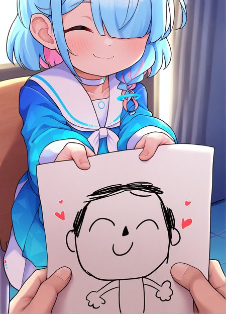 (masterpiece, best quality:1.2), highres, amazing quality, very aesthetic, rating_safe, 2023, solo, kanabun
BREAK
blue archive, doodle sensei, arona, 1girl,  blue serafuku, smile,  (holding paper:1.1),  (heart:1.2), holding drawing, upper body, indoors, closed eyes, school