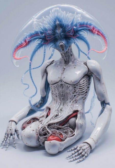 4byss, isometric composition,  a humanoid android in a reclined position, its synthetic body seamlessly merging organic jellyfish elements with mechanical components. The figure's porcelain-white synthetic skin is partially deconstructed, revealing an intricate internal structure where mechanical vertebrae and neural cables interweave with translucent, bioluminescent tentacles that pulse with deep blues and vibrant crimsons.