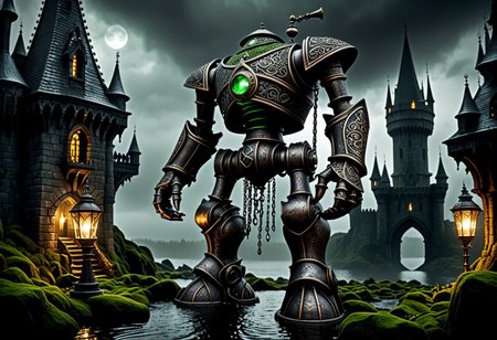 giant bipedal robot dirty dark silver and dark green, bronze paisley robot. lacy robot metal kettle head. outside of a steampunk keep. large detailed torso. dark image. one forty foot tall ancient robot with great arms and two heavy spring legs. dark foggy night background. $dark foggy night image only. dark photo realistic image. steampunk details. cogs, chains and pipes incorporated in the fantasy buildings. magic wizards tower in background. Dark swamp, moss, castle ruins, wizards tower. stormy dark night.  stormy sky.