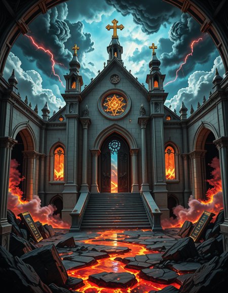 A once-majestic celestial temple, now under siege by the forces of Hell. The grand white stone structure is cracked and scorched, its golden crosses twisted and broken. The stained-glass windows, once glowing with warm divine light, are now shattered, with demonic symbols glowing ominously in their place. The sky, once a serene blue, is now consumed by dark storm clouds, swirling with red lightning and thick smoke.
Black, jagged chains extend from the sky, wrapping around the temple as if trying to pull it down into the abyss. The once-fluffy clouds beneath the structure are now a chaotic mix of fire, ash, and dark mist, with glimpses of molten lava cracks below. Infernal creatures with glowing red eyes lurk in the shadows, their silhouettes barely visible through the smoke and fire.
The temple doors are blown open, revealing an eerie red glow emanating from within, as if Hell itself is consuming the sacred space. Massive demonic runes are etched into the stone, pulsating with an unholy energy. The entire scene is bathed in a deep crimson and orange glow, giving it an apocalyptic and nightmarish atmosphere.
Style & Lighting:
- Dark fantasy, highly detailed
- Dramatic, high-contrast lighting with fiery glows
- Cinematic composition, epic scale
- Strong use of shadows, embers, and atmospheric foghighly detailed and atmospheric view from inside a massive birdcage, large enough for a human to stand inside. The cage is made of ornate, aged metal bars with intricate Victorian-style patterns, curving elegantly towards the domed ceiling. Sunlight filters through the gaps between the bars, casting long, dramatic shadows on the wooden floor. Delicate vines and small flowers have begun to grow around the bars, adding a touch of nature reclaiming the space. The background beyond the cage is blurred, hinting at a lush garden or a mysterious, abandoned mansion. The ambiance is serene yet slightly melancholic, with warm golden light illuminating dust particles floating in the air. Soft feathers are scattered on the floor, adding to the sense of quiet abandonment. The perspective makes the viewer feel as if they are inside the cage, looking outward, surrounded by both beauty and confinement. The style is highly detailed and realistic, with a cinematic and slightly surreal atmosphere.
<lora:SDXLFaeTastic2400:0.4> <lora:extremely_detailed:0.4> extremely detailed, <lora:evil_celestial_t3mpl3-i:1>,evil celestial t3mpl3, Masterpiece,best quality,hi res,8k,hi res,8k,award winning,(sharp focus, intricate, highly detailed),