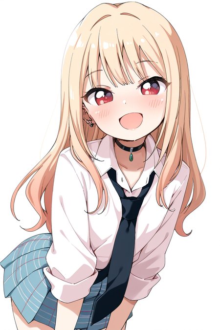 masterpiece, best quality, amazing quality,
 <lora:Haru_IL:1> haru, 1girl, solo, blonde hair, long hair, necktie, skirt, white background, shirt, simple background, smile, school uniform, blue skirt, white shirt, choker, looking at viewer, red eyes, jewelry, open mouth, plaid skirt, blush, :d, piercing, plaid, black choker, bangs