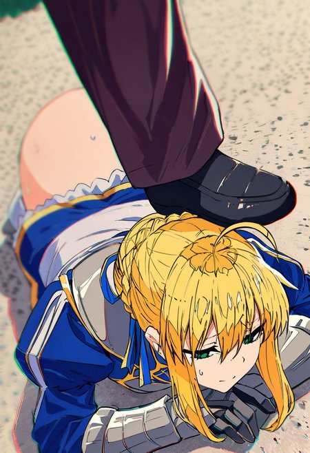 masterpiece, best quality, absurdres, very authentic, 1girl, solo, full body, from above, (single leg stepped on head:1.2), artoria pendragon \(fate\), saber, blonde hair, green eyes, ahoge, sidelocks, hair bun, single hair bun, braid, dress, ribbon, hair ribbon, armor, gauntlets, armored dress, all fours, dogeza, looking down, furrowed brow, half-closed eyes, sweat drop, traditional media, outdoors, day, sunbeam, chromatic aberration, depth of field, <lora:SteppedOnHead-anxl31:0.65>, <lora:ç¦è¶_XL:0.7>,