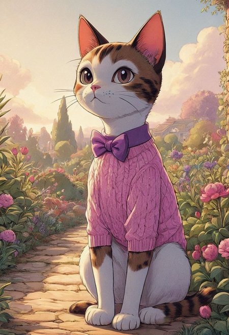 cartoon of cute tortoiseshell cat, pink bow, wearing purple knitted sweater, quirky, 1940's cartoon, vintage cartoon, beautiful, detailed, garden background