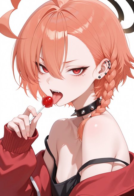 masterpiece, best quality, newest, very awa, looking at viewer,
 <lora:Neru illu:1> 1girl, halo, mole under eye, red eyes, orange hair, single braid, ahoge, short hair, huge ahoge, asymmetrical bangs,
solo, lollipop, food, candy, simple background, , spikes, white background, looking at viewer, holding, tongue, holding lollipop, hair between eyes, piercing, holding candy, upper body, spiked collar, holding food, tongue out, ear piercing, bare shoulders, off shoulder, collar, open mouth, earrings, strap slip, jewelry, long sleeves, sleeves past wrists,  choker,