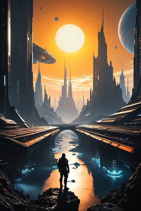 An epic sci-fi scene of an alien city beneath a Vantablack sun, inspired by the styles of Quentin Mabille, James Jean, Takeshi Oga, Dan Mumford, Eve Ventrue, and Ayami Kojima. The scene should be featured on ArtStation. The city should be surrounded by an ineffable mood, with mysterious and eerie elements. The Vantablack sun looms overhead, casting deep shadows and creating negative space in the sky. The overall mood should be mysterious and otherworldly. The scene should be very detailed, depicting the massive scale of the alien city and its surroundings. The composition should be centered and anamorphic, drawing the viewer's attention to the vastness of the scene. Render the artwork in 4K resolution to capture every detail. The overall composition should be visually captivating and transport viewers to a mesmerizing interplanetary spacecore.
(Dramatic Lighting, Photography, 3D Illustration, Vibrant Colors, Exquisite Detail, Award Winning, Stunning)  <lora:MJ52:0.5> epiCPhoto
