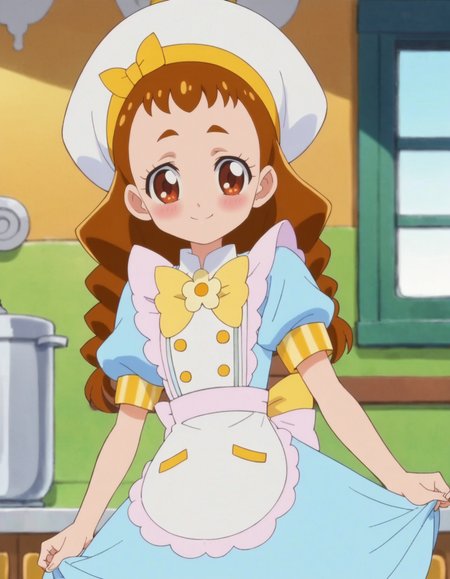 score_9, score_8_up, score_7_up, anime screencap, solo,1girl,arisugawahimari,  hat,smile,white apron, white headwear, skirt, bow,blue dress, puffy short sleeves,looking at viewer, cowboy shot,small breasts, blush,<lora:arisugawahimari:0.8>