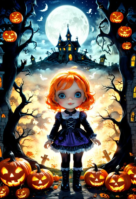 Halloween, moonlit night, supernatural, jack-o'-lanterns, trick-or-treating, eerie ambiance, playful mischief, mysterious shadows, delightful spookiness.,cute helloween doll       ,haunted graveyard in the background, with its windows glowing with an unnatural, ghostly radiance. It beckons the curious and the brave to explore its mysteries.cute helloween doll, Halloween Night,street art, vibrant, urban, detailed, tag, mural in Mass production aesthetic, pop culture silkscreens, consumerist commentary, obsession with celebrity . graffiti style ,
