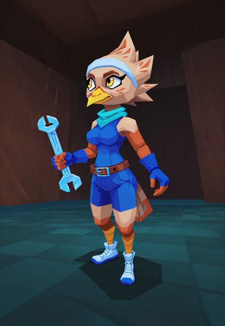 (beautiful, masterpiece, absurd res, detailed, dynamic lighting), artist:atlyss, 3d \(artwork\), low poly, 1girl, solo, k41k0, female furry bird, avian, beige feathers, beige hair, spiky hair, beak, yellow beak, yellow eyes, bird tail, teal scarf, white hairband, blue gloves, fingerless gloves, blue tank top, blue shorts, belt, white footwear, holding wrench, running