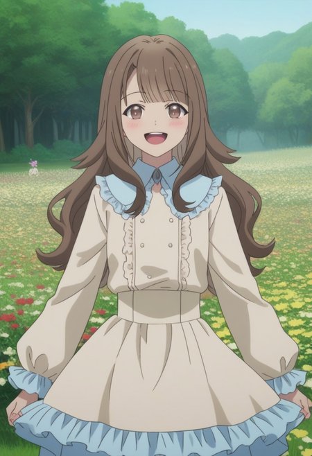 Hikari, long hair, brown hair, brown eyes, sidelocks, wavy hair, frilled dress,
(nsfw), (uncensored), (score_9), score_8_up, score_7_up, source_anime, cowboy shot, dynamic pose, 1 Female, solo, happy smile joy, blush, ashamed, shy, sexy, charming, alluring, seductive, enchanting, erotic, 
((outdoors)), ((flower garden)), ((flowers)), ((many flowers)), spring petals, petals of flowers, spring, falling petals, flying butterflies,