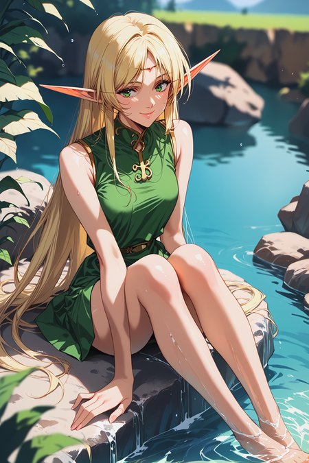score_9, score_8,  score_7, score_6_up, score_5_up,
deedlit, green tunic, gold choker, short tunic, short skirt, 
1girl, long hair, blonde, elf, sleeveless, 
beautiful face, 24 years old,
green eyes, 
bangs,
record of lodoss war,
 smile,
lake,  sitting on rock, feet in water, blurry background, from above, 
<lora:Degen_Deedlit_v1:0.55>,  <lora:TOO_NobuteruYuuki_v3B_PonyXL:0.55>,  <lora:PirotessXLpony001:0.3>,  <lora:Urushihara Satoshi_XL_PONY_V2:0.4>,  <lora:Sinozick_Style_XL_Pony:0.2>,  <lora:DefaultZ17:0.2>,  <lora:style1:0.2>,   <lora:pixivtext2:0.2>,