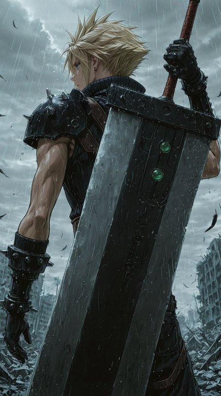 1boy, solo, cloud strife, blonde hair, spiked hair, from behind, blue eyes, detailed eyes,
sleeveless topwear, crossbody belt, brown belt, spiked shoulder armor, spiked gauntlets, brown belt, cargo pants,
buster sword, sword on back, grabbing sword, materia, green materia,
destroyed city, destroyed building, rubble, rain, raindrops, overcast, cloudy sky, crows, crow feathers, black feathers, floating feathers, looking to the side, dramatic, cinematic, very dim lighting,
best quality, amazing quality, very aesthetic, absurdres, newest, scenery, anime coloring, flat color