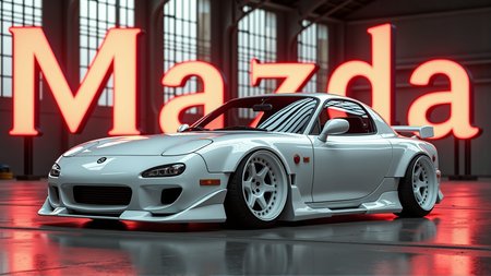 Text behind the car in large bold letters reads: "Mazda".
A highly detailed portrait of a 1992 Mazda FD RX-7, masterfully lowered and finished in immaculate white, white rims, white spoiler, and smoked headlights. The scene is set in an empty warehouse, where warm, filtered sunlight streams through expansive, slightly dusty windows, creating a dramatic interplay of light and shadows across the carâs flawlessly waxed, reflective surface. The car has a stunningly smooth white aftermarket front fender, bumper, and side skirts, enhancing its aerodynamic profile and elegant stance. The vehicle, turned off, exudes an aura of refined elegance. A full body red neon lighting kit under the car, lights up the ground below with a muted glow. The image is captured with a 70mm lens, positioned at a chest-height quarter angle to emphasize the car's sculpted lines and contours. A circular polarizer is utilized to minimize harsh reflections and accentuate the clarity and depth of the carâs glossy finish. Add a touch of classic film grain to infuse a gritty, vintage texture into the image, blending a sense of raw authenticity with the precise details of the carâs design. This composition is meticulously framed to showcase every intricate detail, making this an award-worthy UHD RAW photograph, celebrated for its stunning realism, exceptional quality, and artistic grit.