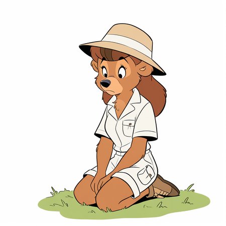 (masterpiece), (best quality), (ultra-detailed), amazing quality, very aesthetic, illustration, perfect composition, intricate details, absurdres, incredibly absurdres,   <lora:rebecca_cunningham_illustrious:1>, black eyes, retro artstyle,  1girl, solo, long hair, simple background, shirt, hat, white background, animal ears, closed mouth, full body, white shirt, short sleeves, shorts, collared shirt, kneeling, brown footwear, grass, i furry, pocket, white shorts, furry female, bear girl, brown fur, brown hair, body fur, furry girl
