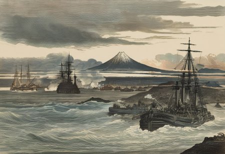 woodcut, tokio bay 1865, big black steam powered battleship, armoured battleship, gustave dore style, gustave dore clouds, hokusai waves, hokusai mount fuji in the background