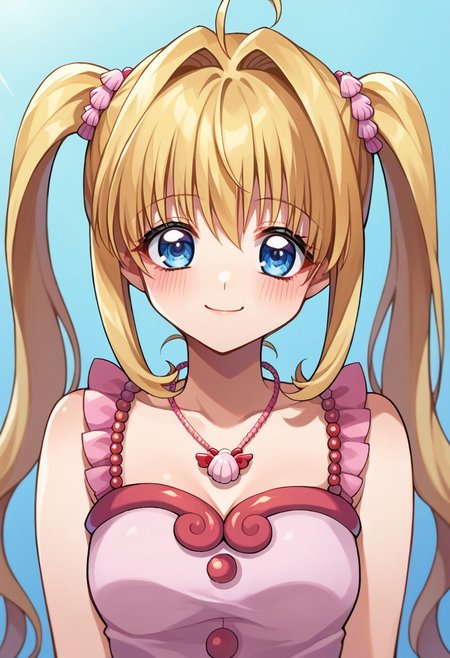 score_9, score_8, score_7, source_anime, nanami lucia, twintails, 1girl, solo, jewelry, looking at viewer, smile, blush, hair ornament, ahoge, shell necklace