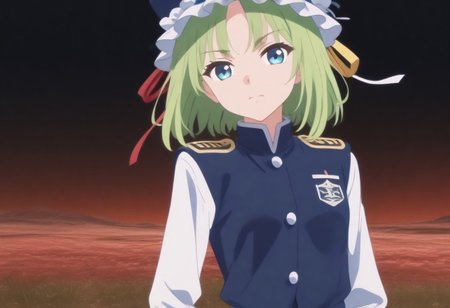 1girl, solo, solo focus, highres, absurdres, shikieiki, green hair, frilled hat, blue eyes, blue headwear, short hair,
long sleeves, black skirt, white shirt, blue vest, red ribbon, epaulettes, small breasts, arm ribbon, buttons, 
looking at viewer, head tilt, 
spider lily, flower field, night sky, red sky, dark, red theme,