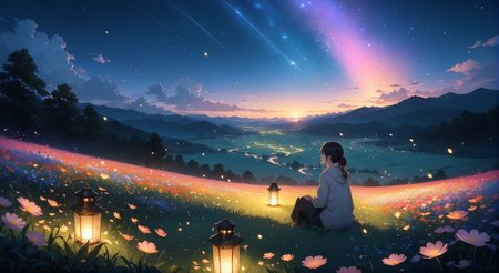 (masterpiece, top quality, best quality, official art, beautiful and aesthetic:1.2)
1girl, sitting on grass, looking at the sky in the distance, night, nighttime sky, lantern lighting up immediate area, stars, end of sunset, colorful sky, peaceful, flower field , fireflies, highly detailed, detailed background, wide shot,   
highres, ultra high res, 4k, 8k, intricate detail, cinematic lighting, amazing quality, wallpaper <lora:aesthetic_anime_v1s:1.2>  <lora:fiasco_A1:1> <lora:add_details_xl:1.2>