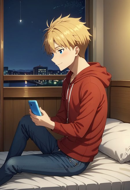 1boy, solo, anime, male focus, Yamato Ishida, blonde hair, blue eyes, red hoodie, jeans, socks, holding smartphone, sit, looking down, gente smile, blush, open eyes, side view,
indoor, bed, night,