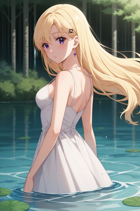 score_9, score_8_up, score_7_up, source_anime, 1girl, prefect lighting, very aesthetic, intricate details, highly detailed background, masterpiece, high quality, prefect hands, best quality, solo,
<lora:Saki_Ayase_Days_with_My_Stepsister_V1:.85>, KJOsaki, blonde hair, purple eyes, long hair, hair ornament, earrings, sidelocks, 
white sundress, 
partially submersed, standing in water, from behind, looking back, expressionless, head tilt, blush, parted lips, 
pond, forest, day, sunny, clouds,
(Beautiful, medium Breasts:1.2), natural breasts,