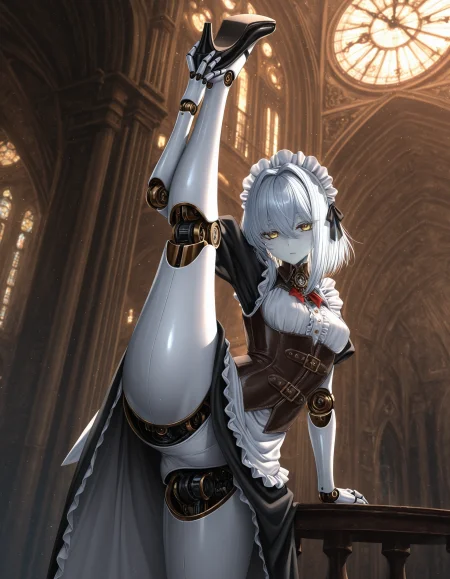 1girl, (eichi \(yashokuya\):0.9), (fouriasensei:0.9), (piromizu:0.8), standing split, cathedral, clock tower, victorian, steampunk, Automaton, colored skin, white skin, robot joints, yellow eyes, silver hair, medium hair, small breasts, maid, looking at viewer, expressionless, masterpiece, best quality, extreme quality, cg, 8k<lora:illustrious/character/MGE_V6.0_final.safetensors:0.8>,