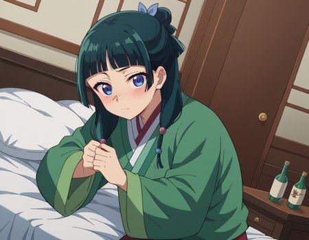 score_9, score_8_up, score_7_up, source_anime,
maomao, <lora:kusuriya-maomao-s1-ponyxl-lora-nochekaiser:1>,
maomao, long hair, bangs, blue eyes, hair ornament, green hair, blunt bangs, freckles, hair bun, single hair bun,
japanese clothes, robe, green robe, long sleeves, wide sleeves, skirt, red skirt,
indoors, bed, bed room, on side, blush, drunk,
looking at viewer, cowboy shot, dutch angle,
