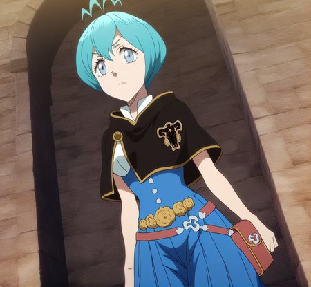 sharp focus, pixiv masterpiece, source_anime, score_9, absurd res, high res,
<lora:Grey_blackclover_IL_v36-000015:1>, anime_screencap, grey_bc, 1girl, solo, grey-blue_eyes, cyan_hair, short_hair, antenna_hair, black_capelet,  sleeveless_shirt,  high-waisted_pants, waist_flowers, metal_belt, small pouch, cowboy shot,  standing, arms_at_sides,