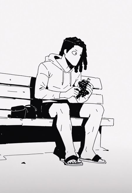 score_9, score_8_up, score_8,    <lora:Request_The_Wolf_Style_SIAMÉS_for_PonyXL:0.8> w0lfstyl3, monochrome, greyscale, 1boy, sitting on bench, hoodie,  holding grapes, dreadlocks, shorts, sandals,