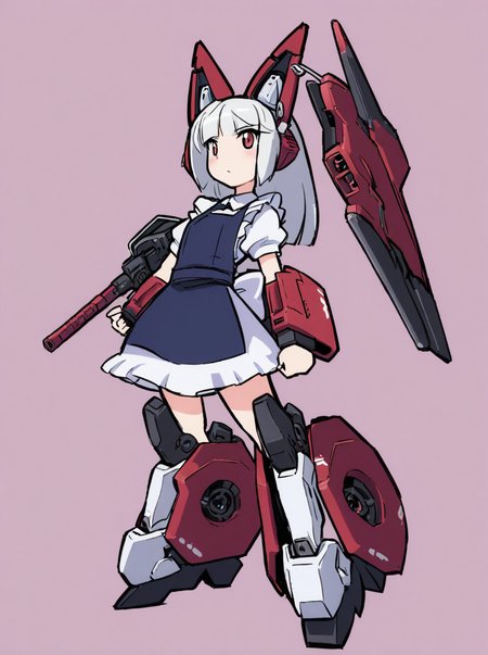 1girl,long hair,white hair,bangs,maid,cat ears,red eyes,mecha musume,<lora:kome:1>,simple background,full body,standing,