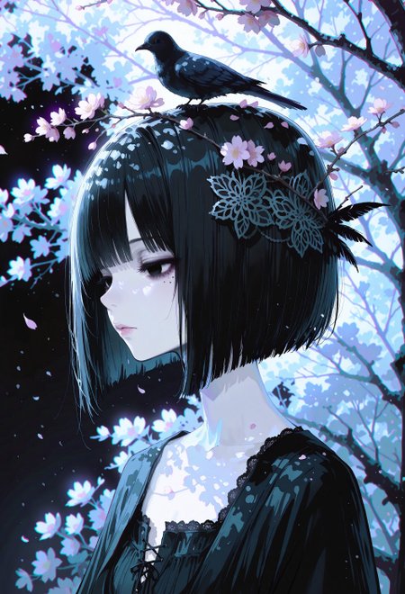 masterpiece,  best quality, good quality, very awa,  very aesthetic, absurdres, newest, 8k, HDR, focused subject,  1girl, solo, black hair, bob cut, detailed hair, feather hair ornament, black eyes, solid eyes, detailed eyes, detailed face, nose, lips, skin detention, mole under eye,expressionless, gazing, head tilt, pale skin, goth fashion, high collard,lace trim, square neckline, birds nest on head, colorful singing bird, sakura tree branch, sakura blossoms, floating, bright sunlight, dappled light, blurry sky background,  petals from side, profile, portrait, bright theme, bloom, chromatic aberration, limited palette, volumetric lighting,photo \(medium\), intricate, 15546+456868, r17329_illu,