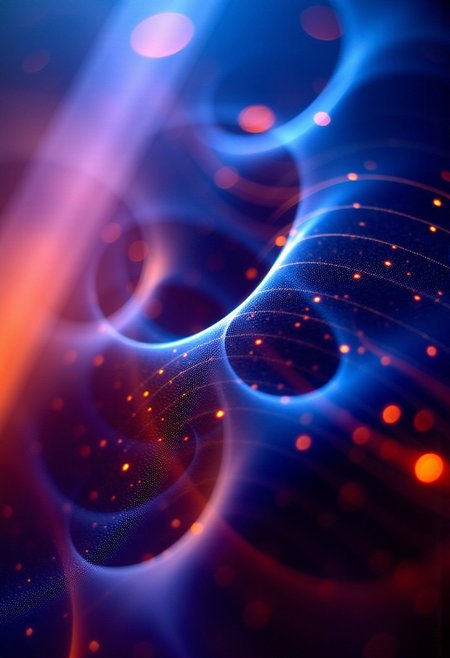 Fractals and bokeh swirl in brilliant shades of blue, purple and red. burned colors glowing with orange heat.  Bands of white light dash across the canvas. High saturation and contrast. sharp lines come into focus.