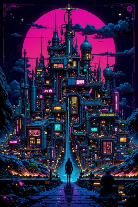 asteroid town, dusk, woman, very intricate, very detailed, sharp, bright, colorful, <lora:Hand v2:0.5> <lora:Anti-Blur:1><lora:Insane Detail Slider:0.25>  <lora:flux.1_lora_flyway_Epic-detail_v2:0.3> <lora:fluxenhancer:0.25><lora:ck-Neon-Retrowave:0.4> ck-rw, in the style of ck-rw,  <lora:Neurocore Anime Cyberpunk:0.8> A digital artwork in the style of cknc